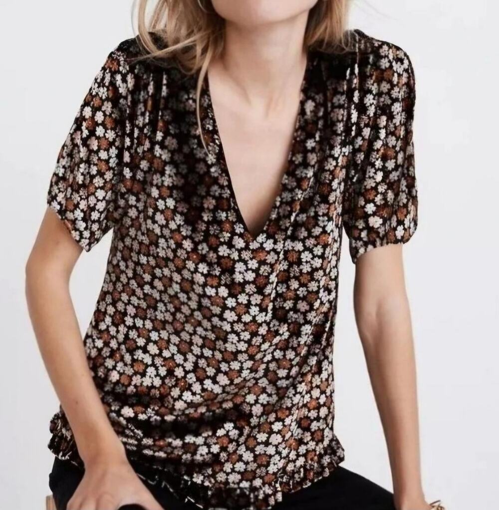 Boho Fall Velvet Ruffle Madewell V-Neck Blouse Black Floral Size Small